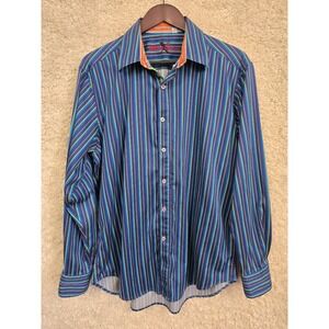 Robert Graham Striped Button Down Shirt Mens XL Blue Green Contrast Cuff